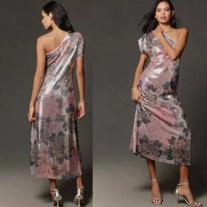 Anthropologie Pink and Silver One-Shoulder Maxi Dress